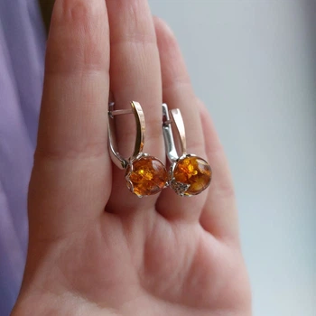 Серебряные серьги серёжки Шар с Янтарем с золотой пластиной серебро 925 пробы Родированное 463 5.80г