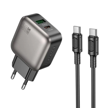 Сетевое зарядное устройство адаптер Borofone BAS55A Absolute charger set |1USB/1Type-C, 30W/3A, быстрая зарядка PD/QC, многоуровневая система защиты| с кабелем Type-C в Type-C |1 м, до 60 Вт| Черный