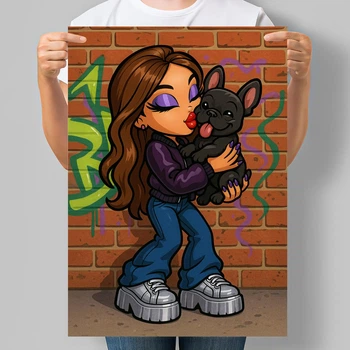 Постер в стиле куклы Bratz Девочка с черным французским бульдогом А3 30х42 см (DYT048_А3)