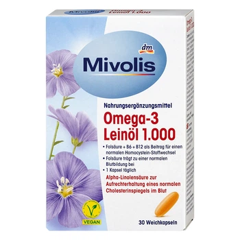 Масло льна Mivolis Omega-3 1000 мг, 30 капсул, от DM (Германия
