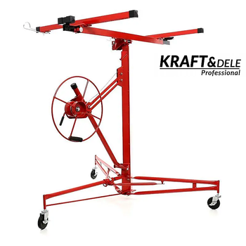 Подкатный кран подъемник для монтажа листов гипсокартона Kraft&Dele KD323 отделочных работ гипсокартонных плит размером до 128 x 488 см весом 68 кг, три колеса радиус 3,5 м