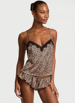 Піжама Сатинова (майка + шорти) Victoria's Secret Tease Satin Lace-Trim Cami & Flutter Shorts Set S Леопард (26811467D)