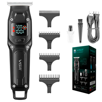 Триммер аккумуляторный для стрижки волос VGR V-964 BLACK, 7000 RPM, 4 насадки, LED дисплей