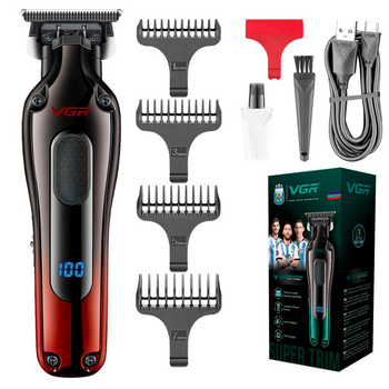 Триммер аккумуляторный для стрижки волос VGR V-998 RED, 4 насадки, LED дисплей