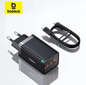 Сетевое зарядное устройство 65W Baseus GaN5 Pro CCGP120201 три порта 2Type-C + USB-зарядка для ноутбука с функцией быстрой зарядки QC4.0/PD3.0 + кабель Type-C to Type-C 1м Black