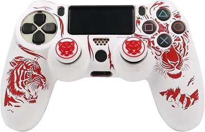 Качественный защитный силиконовый чехол Tiger (White/Red) для геймпада Sony DualShock (PS4) + накладки на стики
