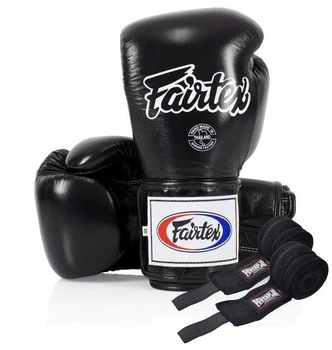 Боксерские перчатки Fairtex BGV5, Чёрные, кожаные, 10 ун. (283 г) для спортсменов от 8 лет и до 60 кг + бинты
