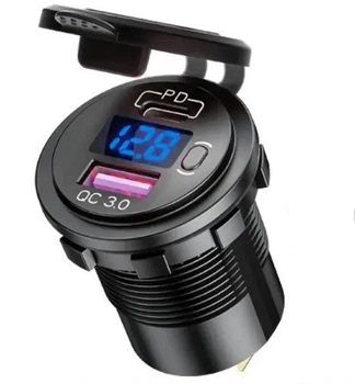 Врізна USB-розетка в авто з вольтметром QC 3.0 USB + PD Type-C 12В-24В