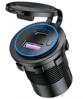 Врізна USB-розетка в авто QC 3.0 USB + PD Type-C 12В-24В СИНЯ