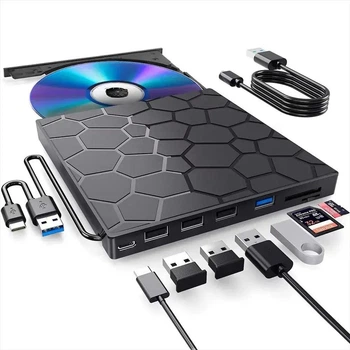 Оптический привод внешний ультратонкий для ПК и ноутбуков CD/DVD USB 3.0/Type-C TF/SD Черный (2533851993)