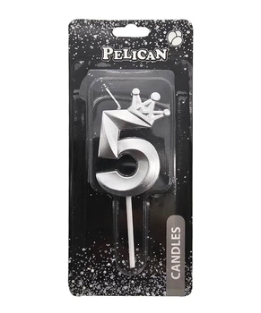 Свечка для торта Цифра 5 серебристая с короной 6 см Pelican (863115)