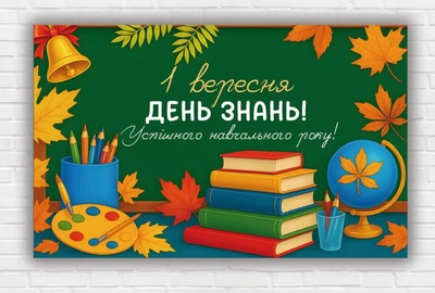 Бумажный плакат ко дню знаний. 1 сентября "Зеленый фон, колокольчик, книги"