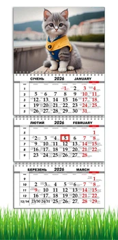 Календар настінний квартальний на 2026 рік на три пружини , Apriori , Котик , Сірий Котик, Кіт , 29,7х61см , 3 вид