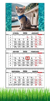 Календар настінний квартальний на 2026 рік на три пружини , Apriori , Котик , Сірий Котик, Кіт , 29,7х61см , 4 вид