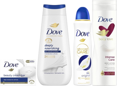 Zestaw kosmetyków do pielęgnacji ciała Dove Żel pod prysznic Deeply Nourishing 225 ml + Dezodorant w sprayu Advanced Care 150 ml + Balsam do ciała Intense Care 250 ml + Mydło w kostce Beauty Cream 90 g (8720182958389)