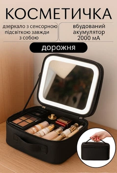 Портативний косметичний органайзер чорного кольору з дзеркалом, дорожній бьюті-кейс з ручкою для перенесення та світлодіодним LED-підсвічуванням