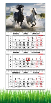 Календар настінний квартальний на 2026 рік на три пружини , Apriori , рік Коня, Кінь, символ року Кінь,Horses , 29,7х61см , 37 вид