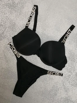 Комплект білизни (бюстгальтер + трусики-бразиліана) жіночий Victoria's Secret 75C чорний (8060-1)