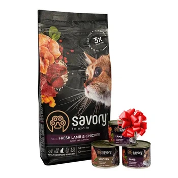 Набор сухой корм Savory Steril Fresh Lamb для стерилизованных кошек, со свежим ягненком и курицей, 2кг + 3 консервы по 200 г (2700000021224)