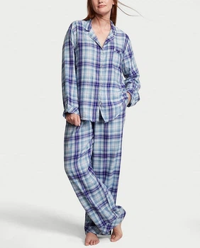 Піжама Фланель (сорочка + штани) Victoria's Secret Flannel Long Pajama Set S Regular Блакитний (26931137D)