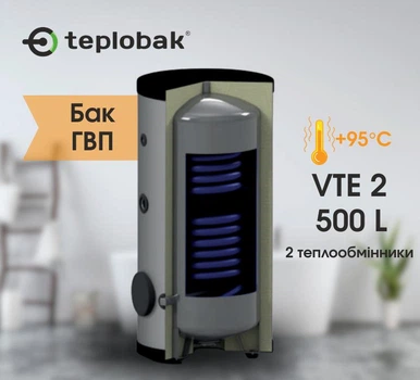 Бак ГВС, бойлер Теплобак ВТЕ-2 на 500 л, черная сталь, для тепловых насосов, котлов, два теплообменника (верхний 0,96 м² + нижний 2,06 м²)