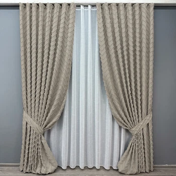Комплект штор VR-Textil Лен Букле 150х270 2шт и Тюль 400х270 1809ш-115т Тауп с белым 71-043/3