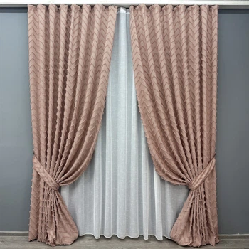 Комплект штор VR-Textil Лен Букле 150х270 2шт и Тюль 400х270 1811ш-115т Пудровый с белым 71-046/3