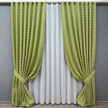 Комплект штор VR-Textil Лен Букле 150х270 2шт и Тюль 400х270 1805ш-115т Оливковый с белым 71-044/3