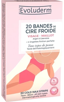 Смужки воскові Evoluderm 20 Cold Wax Strips Face & Bikini для депіляції обличчя та бікіні 20 шт (3760100681369)