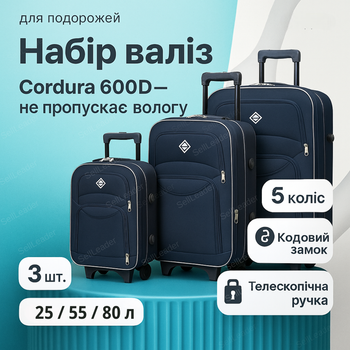 Набір валіз 3 штуки сині для літака потяга cordura 600d комплект з коліщатками з розширенням сімейні