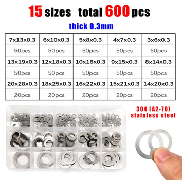 Шайбы DIN988 0.3мм M3-М20 Набор 600 шт Тонкая Нержавейка Spec (SP-068603)