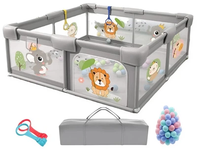 Детский манеж Terrio Lion L 150х180 см Серый с двумя ручками и 60 разноцветными мячами