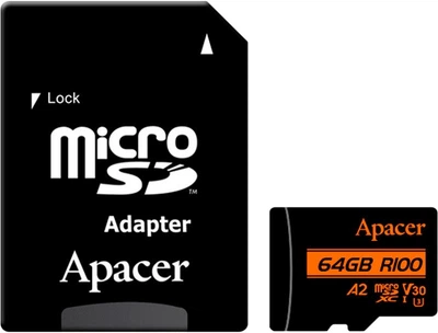 Карта памяти Apacer microSDXC 64GB UHS-I U3 + SD-адаптер (AP64GMCSX10U8-R)