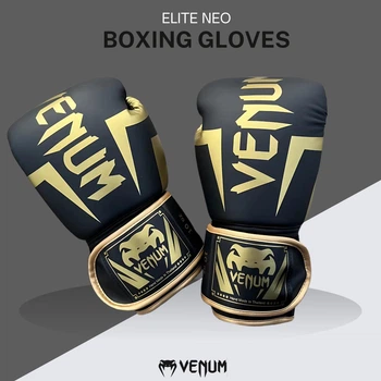 Боксерские перчатки Venum Elite Neo 10 oz (чорный-золотой) — PU кожа, для бокса, тренировок и спаррингов