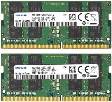Оперативна пам'ять Samsung 32GB DDR4 SO-DIMM 2666MHz 2x16GB 2Rx8 PC4-2666V для ноутбука (M471A2K43CB1-CTD)