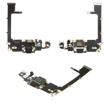 Шлейф для iPhone 11 Pro, коннектора наушников, коннектора зарядки, серый, с микрофоном, с компонентами, (PRC)