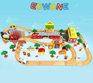 Детская железная дорога из дерева EdWone, 110 деталей (Brio, Ikea, Playtive) E21A03 (электрический локомотив)