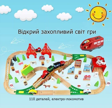 Дитяча залізниця з дерева EdWone, 110 деталей (Brio, Ikea, Playtive) E17P04 (електричний локомотив)
