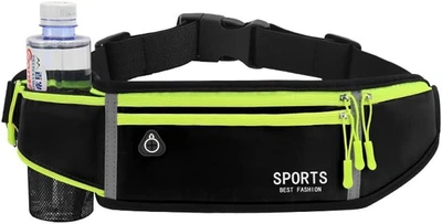 Сумка на пояс для бега на 4 отделения SPORT BEST FASHION 19х10 см с карманом под бутылку черная с зеленым элементами (R051561)