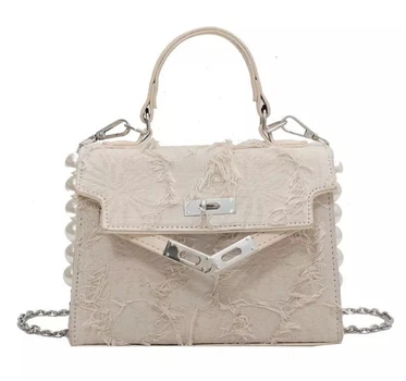Женская сумка Hermes small size с декором из цепочек и бусин, бежевая