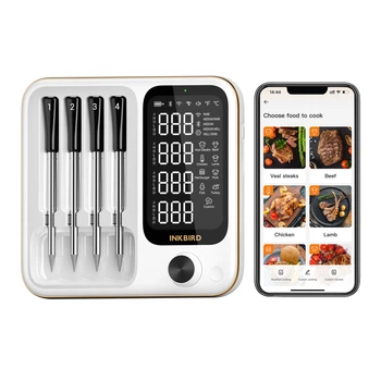 BBQ термометр кулінарний Inkbird INT-14-BW цифровий із Bluetooth та Wi-Fi 2.4G на 4 бездротові щупи білий