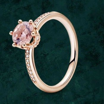 Серебряное кольцо с короной и розовым камнем Pandora (Пандора) 188289C01 с покрытием 14к золотом 17.5
