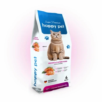 Гипоаллергенный сухой корм для взрослых кошек Happy Pet с лососем и креветкой 4 кг