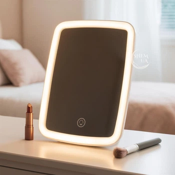 Дзеркало прямокутне косметичне з підсвіткою LED Makeup Mirror, настільне дзеркало для макіяжу з 3 режимами освітлення, сенсорним керуванням, регулюванням нахилу і живленням від USB Біле, VE-118