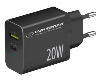 Мережевий зарядний пристрій Esperanza 20W USB-C + USB-A Black (5901299960561)