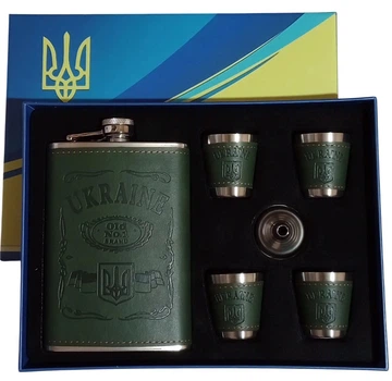 Подарунковий набір UKRAINE 6в1 зелений (фляга, 4 чарки, лійка) Гранд Презент WKL-080