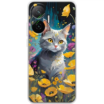 Силиконовый Чехол с Картинкой для Xiaomi Poco F7 Принт (Иллюстрация Кот с Цветами) (66581-ysm006)