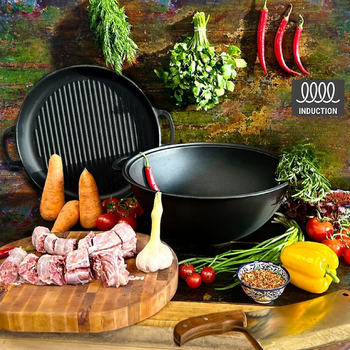 Казан чугунный WOK 15л Maysternya с крышкой-сковородкой гриль и плоским дном для плова