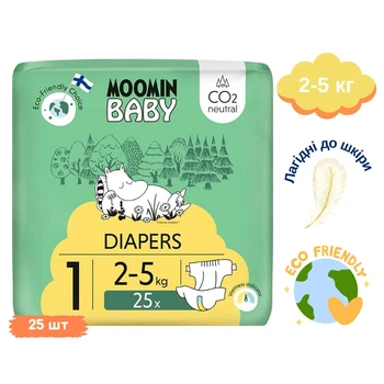 Эко-подгузники Moomin Baby Size 1 (2–5 кг) для новорожденных 25 шт