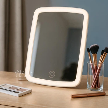Дзеркало з підсвіткою косметичне для макіяжу LED Makeup Mirror, настільне прямокутне дзеркало з регулюванням нахилу, сенсорним керуванням і 3 режимами освітлення, USB-живлення Біле, VE-118